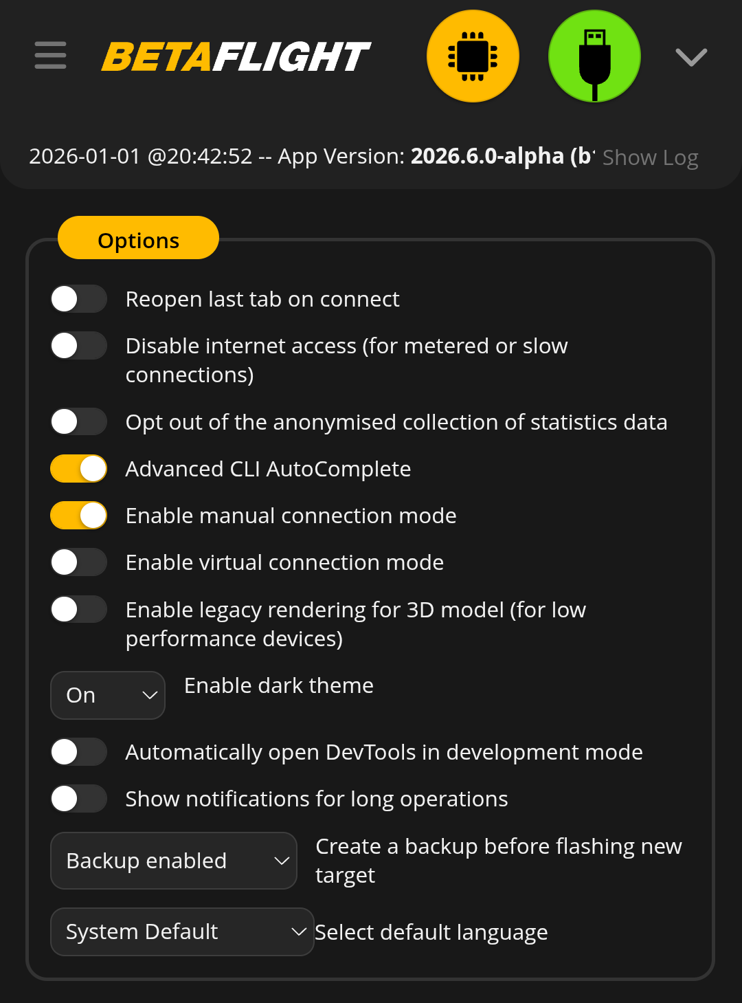 Betaflight App - Enable manual connection mode